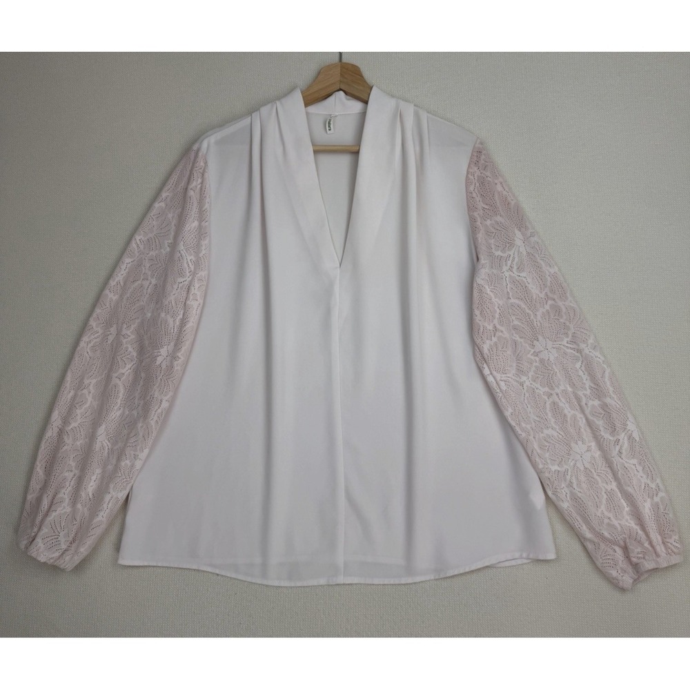 Halara V-Neck Pink Blouse Lace Semi Sheer Long Sleeve Career Size L Tunic Spring